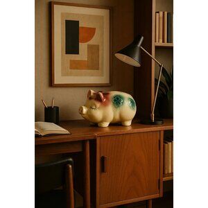 Vintage Ceramic Shawnee Art Pottery Piggy Bank Pink Bow Shamrocks Smile Sleeping